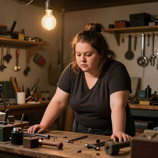 Photograph of a focused, fair-skinned woman with brown hair in a bun, wearing a black V-neck shirt, working in a dimly-l