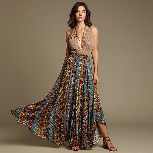 Photograph of a young woman with wavy dark hair, wearing a beige sleeveless top and a colorful, patterned, flowing skirt, standing against