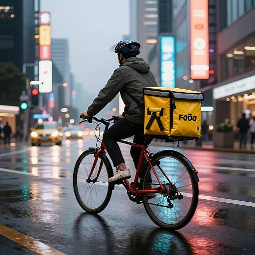 Photograph of a cyclist in a gray jacket and helmet, with a yellow Faba delivery bag, riding a red bike on a rainy, neon-l