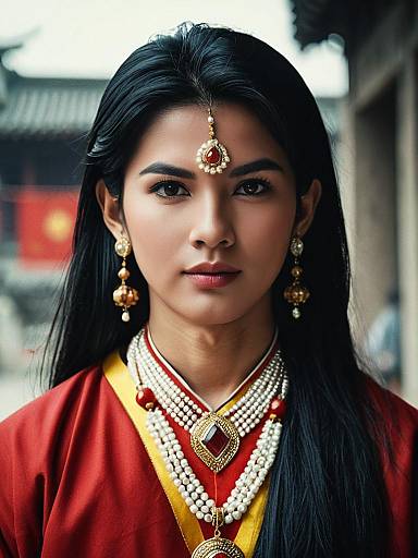 Photograph of an Indian woman with long black hair, wearing traditional red attire, gold jewelry, and a forehead bindi, standing against a blurred outdoor