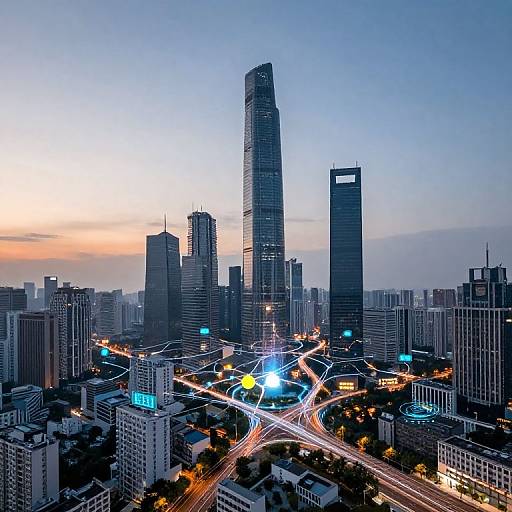 Photograph of a modern cityscape at dusk, featuring a tall, illuminated skyscraper at the center, surrounded by bustling streets and various high-rise buildings