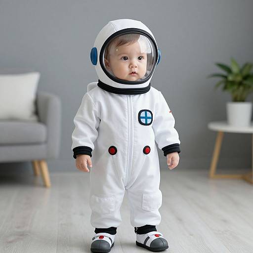 Photograph of a baby in a white astronaut suit with blue and red buttons, standing in a modern gray room.