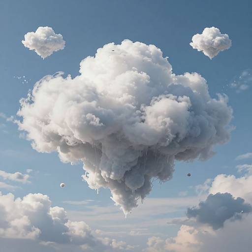 Photorealistic CGI of a large, white, fluffy cumulus cloud with blue sky background, surrounded by smaller clouds, with water droplets hanging from