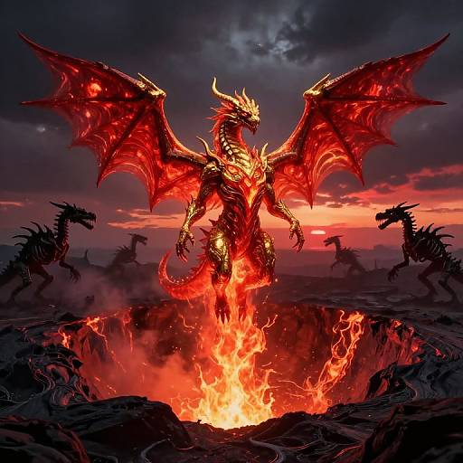 Digital art of a majestic, red, glowing dragon with fiery wings standing in a blazing crater, surrounded by silhouetted dragons, under a dark