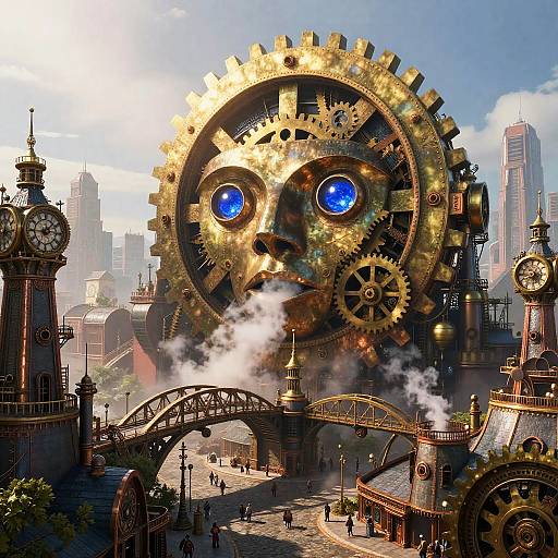 Giant Ancient Clockwork Over Steampunk City