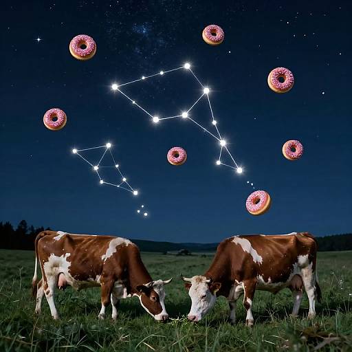 Photograph of two brown and white cows grazing under a dark night sky with a constellation of glowing donuts.