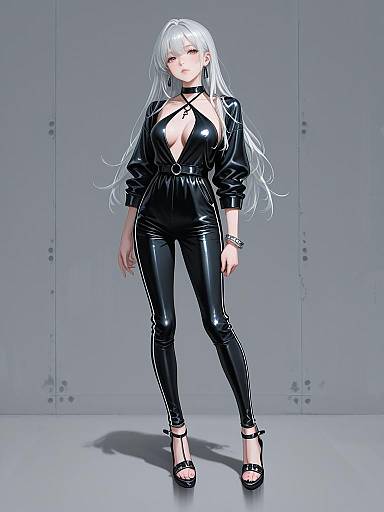 Digital illustration of a confident woman with long white hair, wearing a black, low-cut, latex jumpsuit and high heels, standing against a gray background