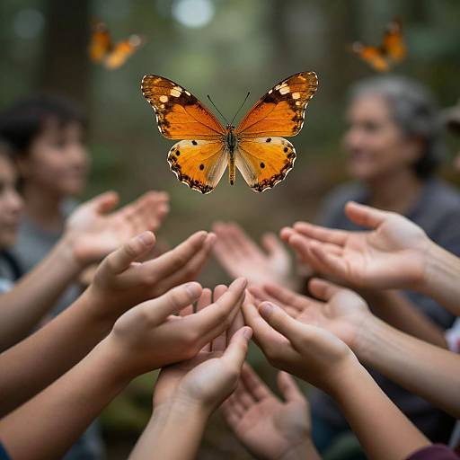 Photograph of a vibrant orange butterfly with black spots hovering above outstretched hands of smiling, diverse people in a forest.