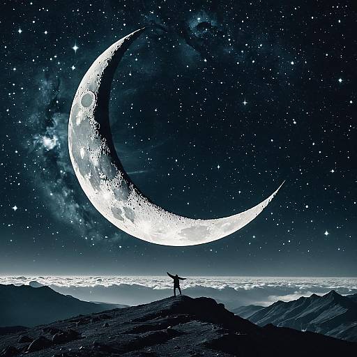 Silhouette on Mountain Under Giant Crescent Moon and Starry Sky