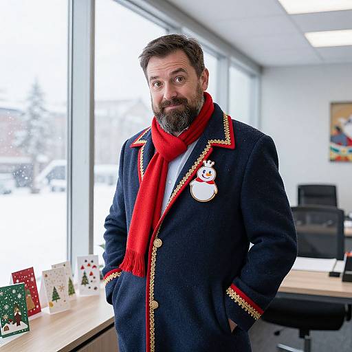 Photograph of a bearded man with dark hair, wearing a navy blue coat with red trim, red scarf, snowman pin, standing in a