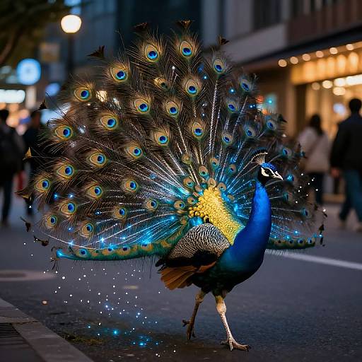 Photograph of a vibrant peacock with a fully fanned out, iridescent blue and green plumage, standing on a city street at night