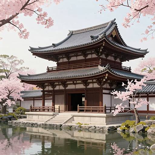 Photograph of traditional Japanese wooden pagoda with black tiled roof, surrounded by cherry blossom trees, reflected in a calm pond.