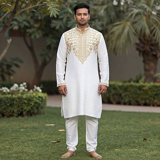 Photograph of a South Asian man with medium build, short black hair, and beard, wearing a white embroidered traditional kurta and white pants, standing