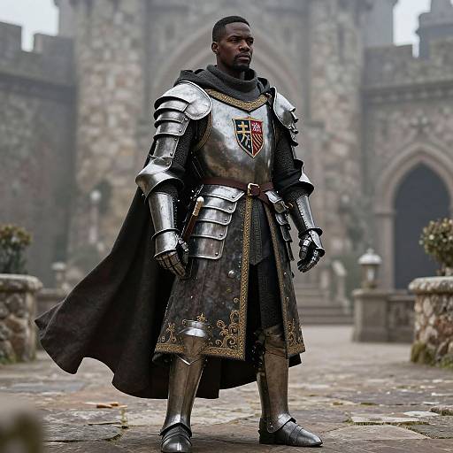 Photograph of a Black armored knight with a dark cape, standing in a misty medieval stone courtyard, wearing detailed steel plate armor.
