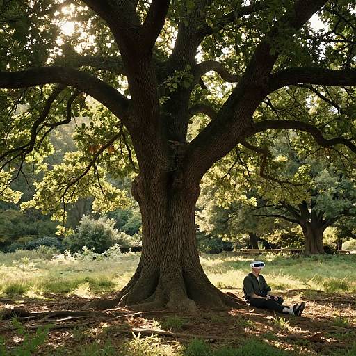 Photograph of an elderly man in a hat sitting at the base of a large, sunlit tree in a grassy park.