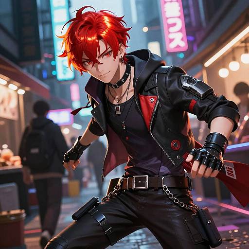 Digital anime-style drawing of a red-haired, edgy young man in a black leather jacket, fingerless gloves, and belt holster, posing confidently in