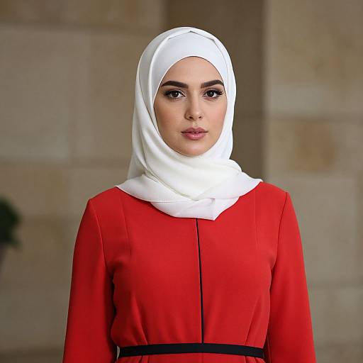 Photograph of a young woman with fair skin, wearing a white hijab and red long-sleeve dress, standing against a beige stone wall.