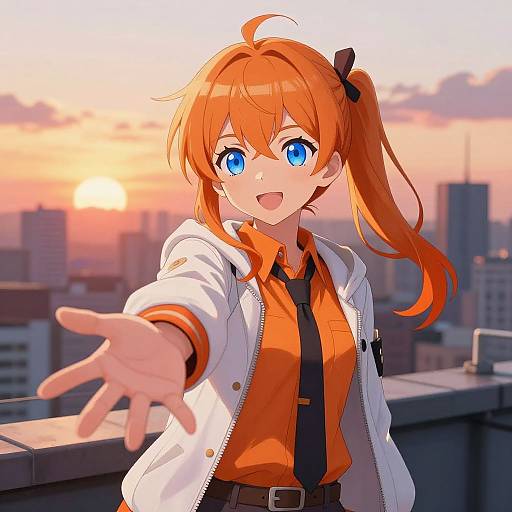 Anime Girl on Rooftop at Sunset