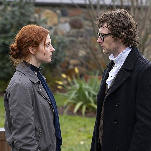 Two people facing each other in rainy garden