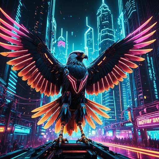 Vibrant Cyberpunk City with Mechanical Falcon