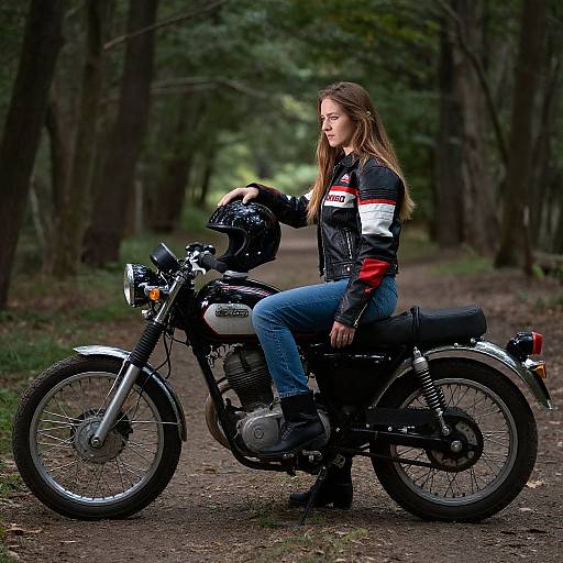 Woman on Vintage Motorcycle in Forest
