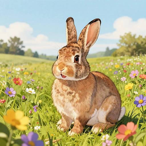 Digital illustration of a cute, brown-furred rabbit with white underbelly, sitting in a bright, colorful meadow filled with flowers under a clear