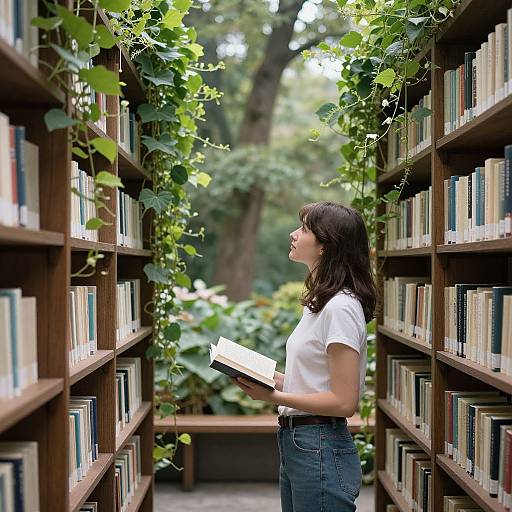 Photograph of a young woman with brown hair, wearing a white t-shirt and blue jeans, standing between two tall wooden bookshelves filled with books