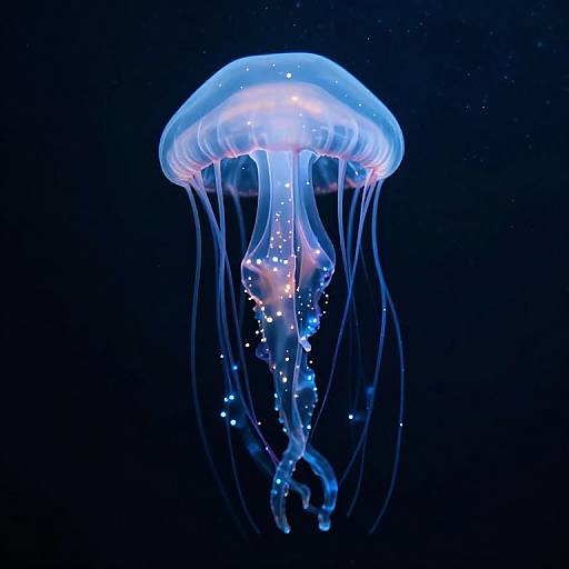 Photograph of a glowing blue jellyfish with translucent, umbrella-shaped top and long, flowing tentacles, floating in a dark, starry ocean background