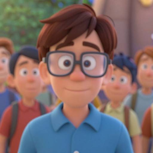 CGI cartoon image of a boy with brown hair, large black glasses, and blue shirt, surrounded by smiling children in a sunny outdoor setting.