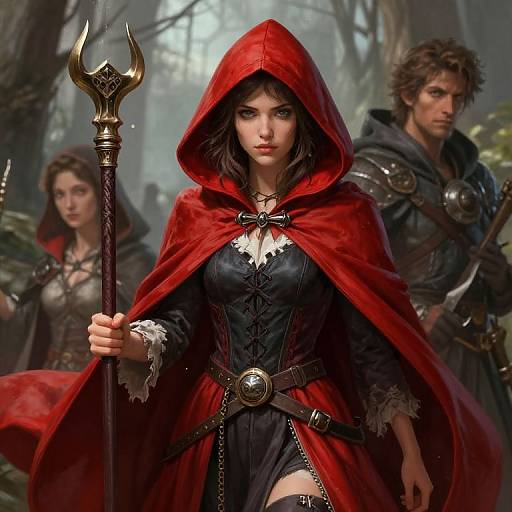Digital artwork of a determined young woman with dark hair, wearing a red hooded cloak and black dress, holding a golden staff in a misty forest
