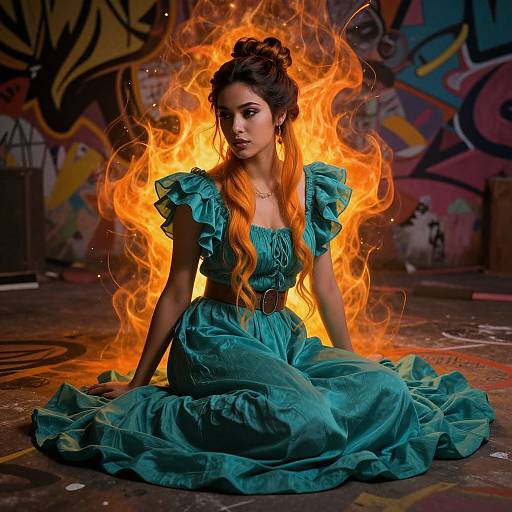 Photograph of a young woman with long orange and black hair, wearing a teal ruffled dress, seated amidst vibrant orange flames, set against a colorful