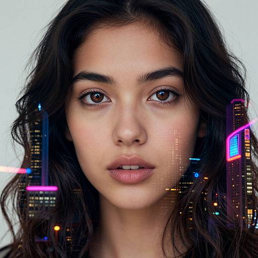 Digital portrait of a young woman with long, wavy dark hair, brown eyes, and light brown skin, set against a neon-lit cityscape
