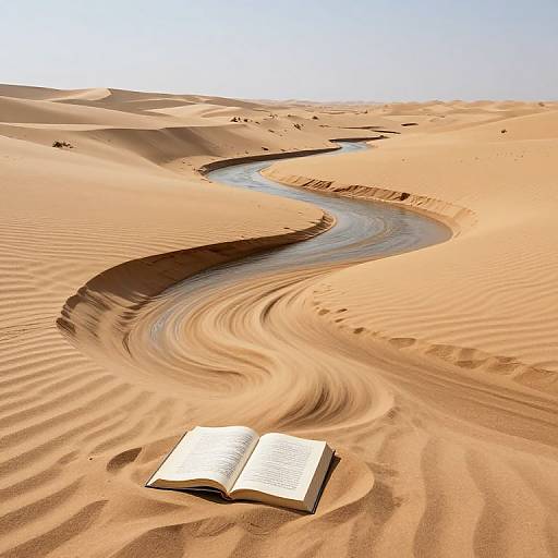 Photograph of an open book on golden sand dunes with a winding river, casting rippled shadows, under a clear blue sky.