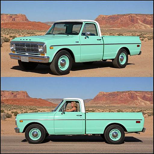 Photograph of a mint green vintage pickup truck with white roof, shown in side profile twice, against a desert landscape with red rock formations and clear blue