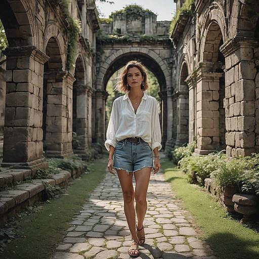Stylish Tourist Walking Through Ancient Ruins