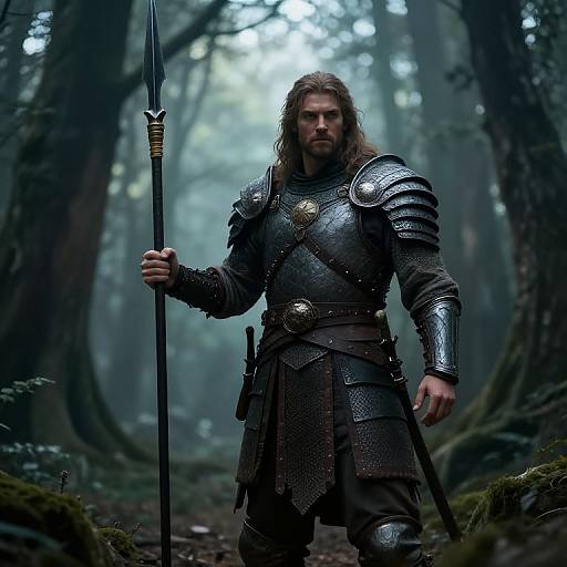 Photorealistic digital art of a muscular, bearded warrior with long brown hair, wearing medieval silver armor and holding a spear, standing in a mist