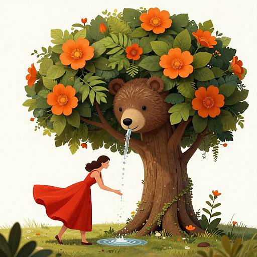 Illustration of a red-dressed girl reaching for water from a bear tree with orange flowers, droplets falling, grassy background.