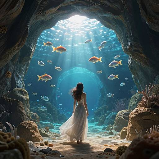 Digital artwork of a woman in a flowing white dress, standing in a sunlit underwater cave, surrounded by colorful fish.