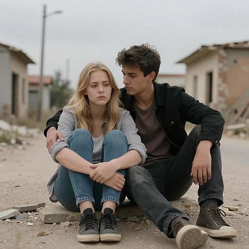 Somber Young Couple on Rubble Street