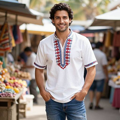 Photograph of a smiling, dark-haired man in a white, embroidered shirt and blue jeans, standing in a sunny outdoor market.