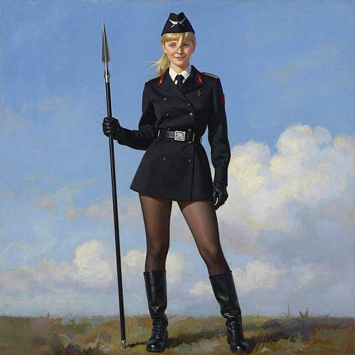 Photorealistic painting of a blonde woman in a black military uniform, holding a spear, wearing black gloves and boots, with a blue sky and clouds