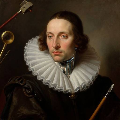 17th-century oil painting of a stern-faced, pale-skinned man with curly brown hair, wearing a large white ruffled collar and black velvet cloak
