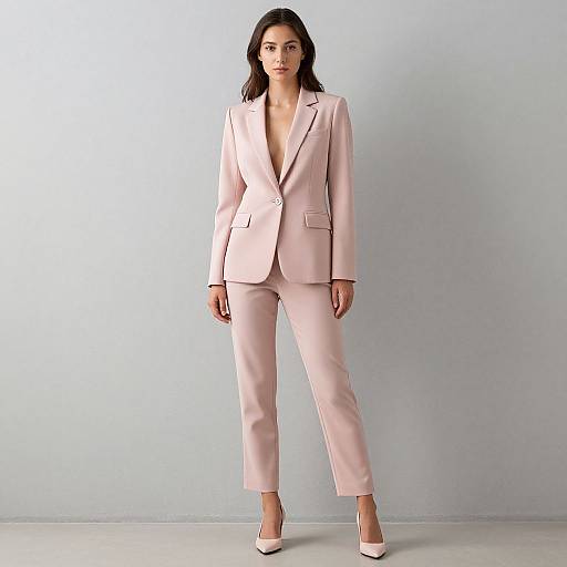 Photograph of a confident woman in a pale pink tailored suit with a deep V-neck, white high heels, standing against a plain light gray background.