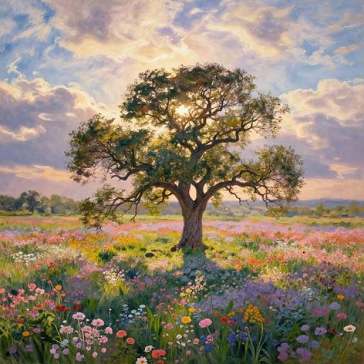Impressionistic Tree in Blooming Meadow