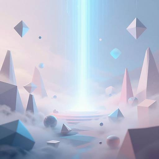 Digital art of glowing, translucent geometric crystals floating in mist, illuminated by a bright, blue-white light source from the center.