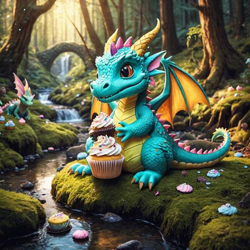 Cute Dragon with Cupcakes in Magical Forest