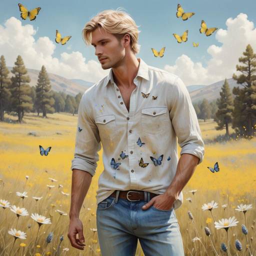 Blond Man Among Butterflies in Wildflower Field
