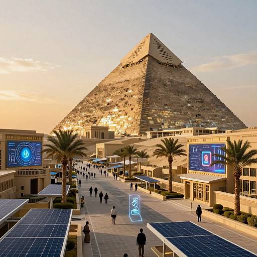 Photograph of the Giza Pyramid at sunset, with modern digital billboards, solar panels, palm trees, and people walking in the foreground.