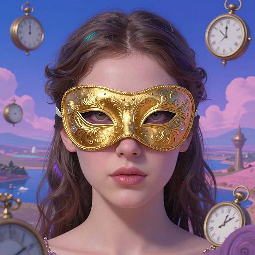 Photorealistic digital portrait of a young woman with fair skin, brown wavy hair, wearing an ornate golden masquerade mask, surrounded by