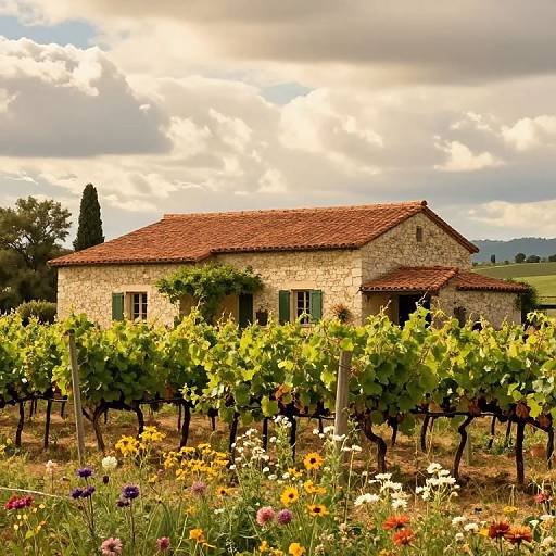 Photograph of a rustic stone vineyard house with red-tiled roof, surrounded by lush grapevines and colorful wildflowers, under a partly cloudy